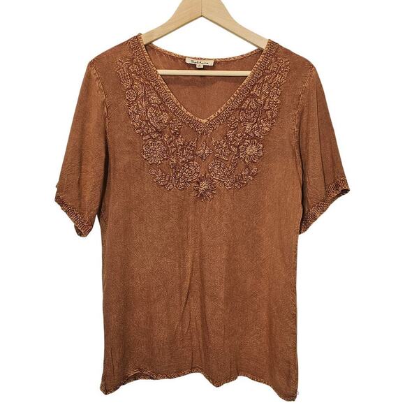 Solitaire By Ravi Khosla Burt Orange V-Neck Embroidered Boho Top Size Small - Picture 1 of 9